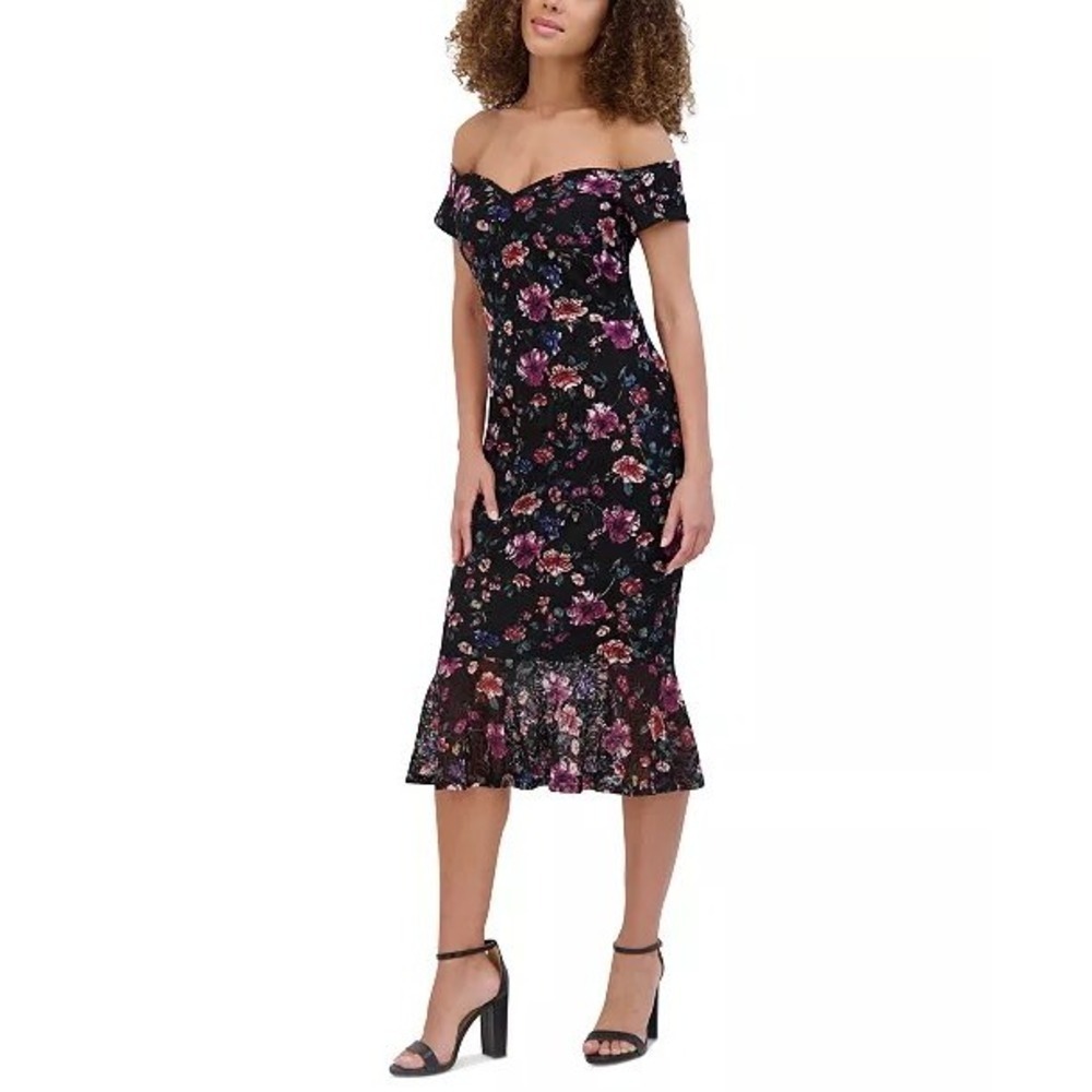 Siena Black Floral Lace Off Shoulder Sheath Midi Dress - Women's Size 8